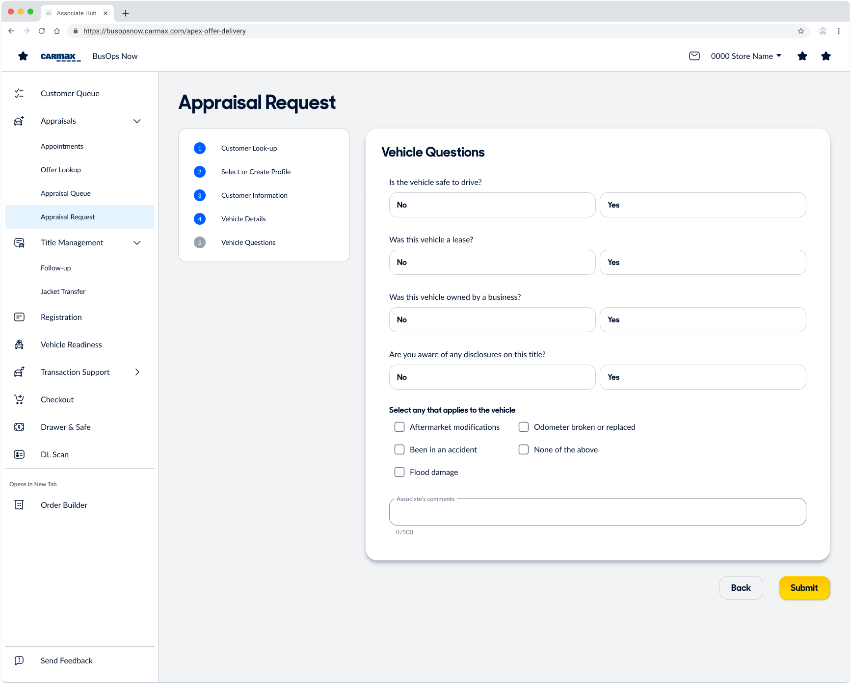 Redesigned appraisal request: a guided five-step flow asking plain-language vehicle questions with simple yes/no choices.