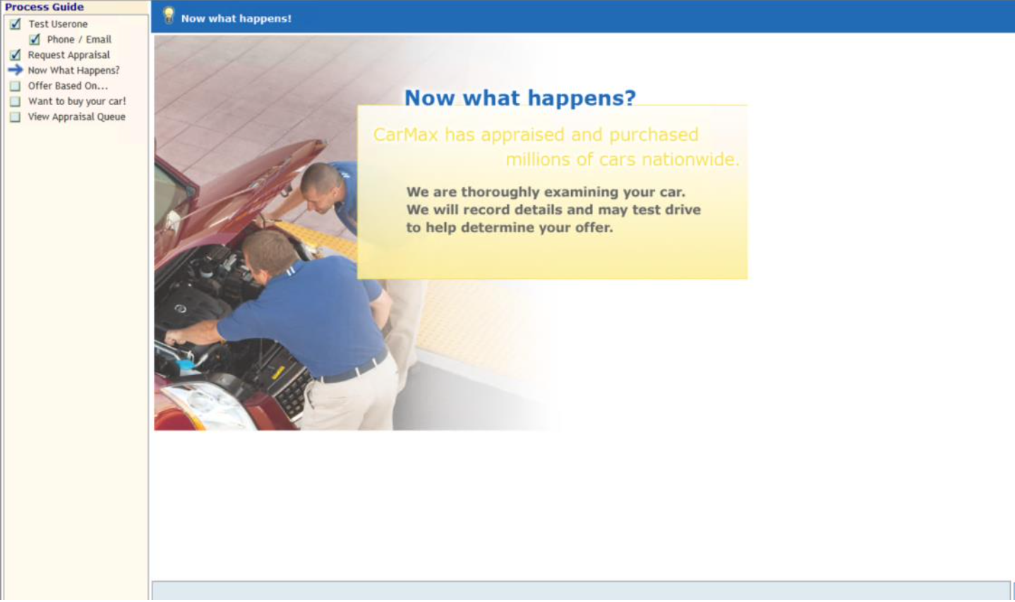 Legacy 'Now what happens?' screen explaining the car is being examined, with no offer shown.