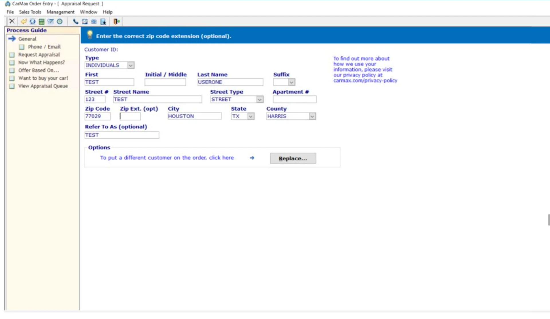 Legacy CarMax Order Entry appraisal request form: a dense desktop form of name, address and county fields.