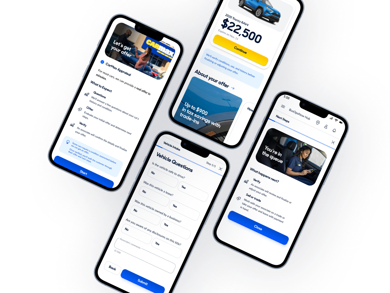 CarMax multi-device flow: customer appraisal screens and associate BusOpsNow intake screens shown on phones against a dark background.