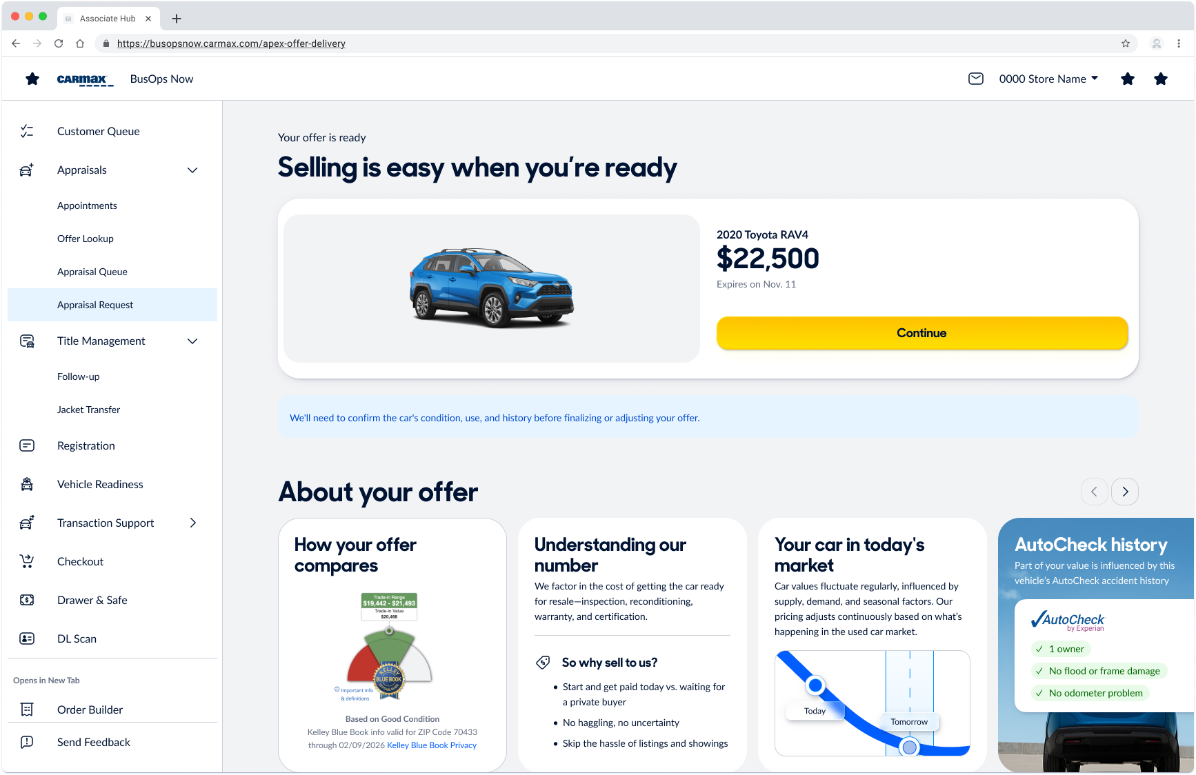 Redesigned offer screen showing the $22,500 offer up front with expiry, market context, and vehicle history below.